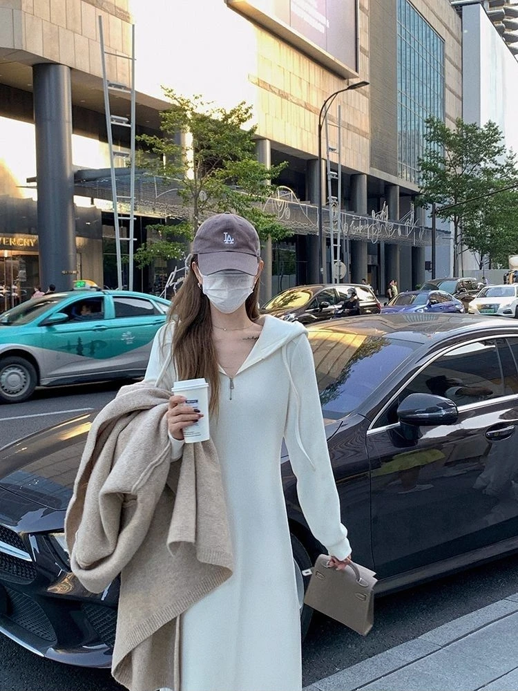 우아한 후드 스웨트셔츠 드레스 여성용 가을 겨울 슬림핏 A라인 스커트 독특한 반지퍼 디자인 편안한 출퇴근 스타일