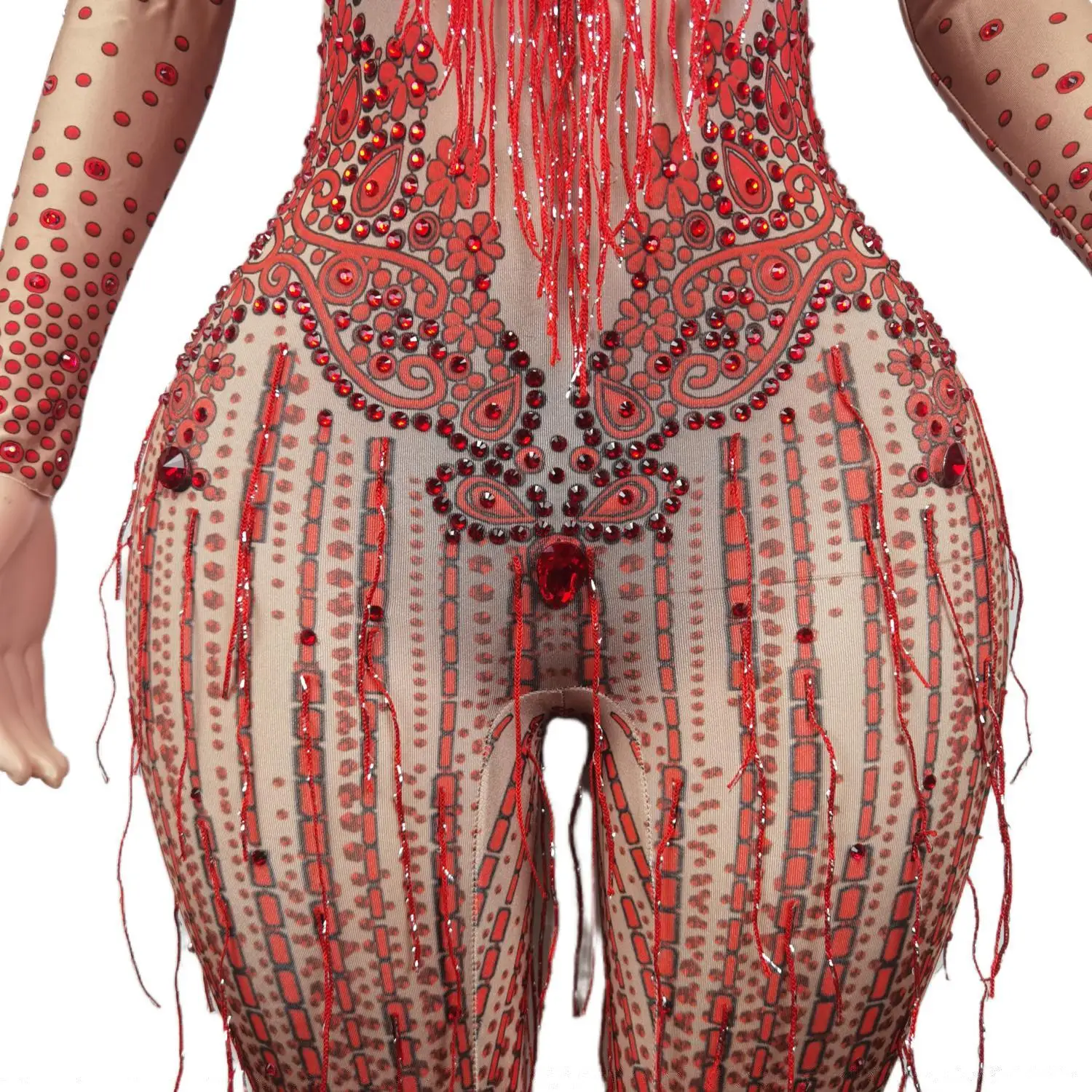 Sexy Red Spandex body strass Plus Size tute a maniche lunghe nappe Performance Costumes Party Evening Bodycon pagliaccetto