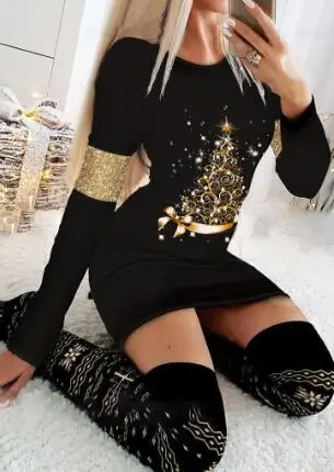 

2023 Spring Women's New Dresses, Christmas Print Long-sleeved Tight Dress