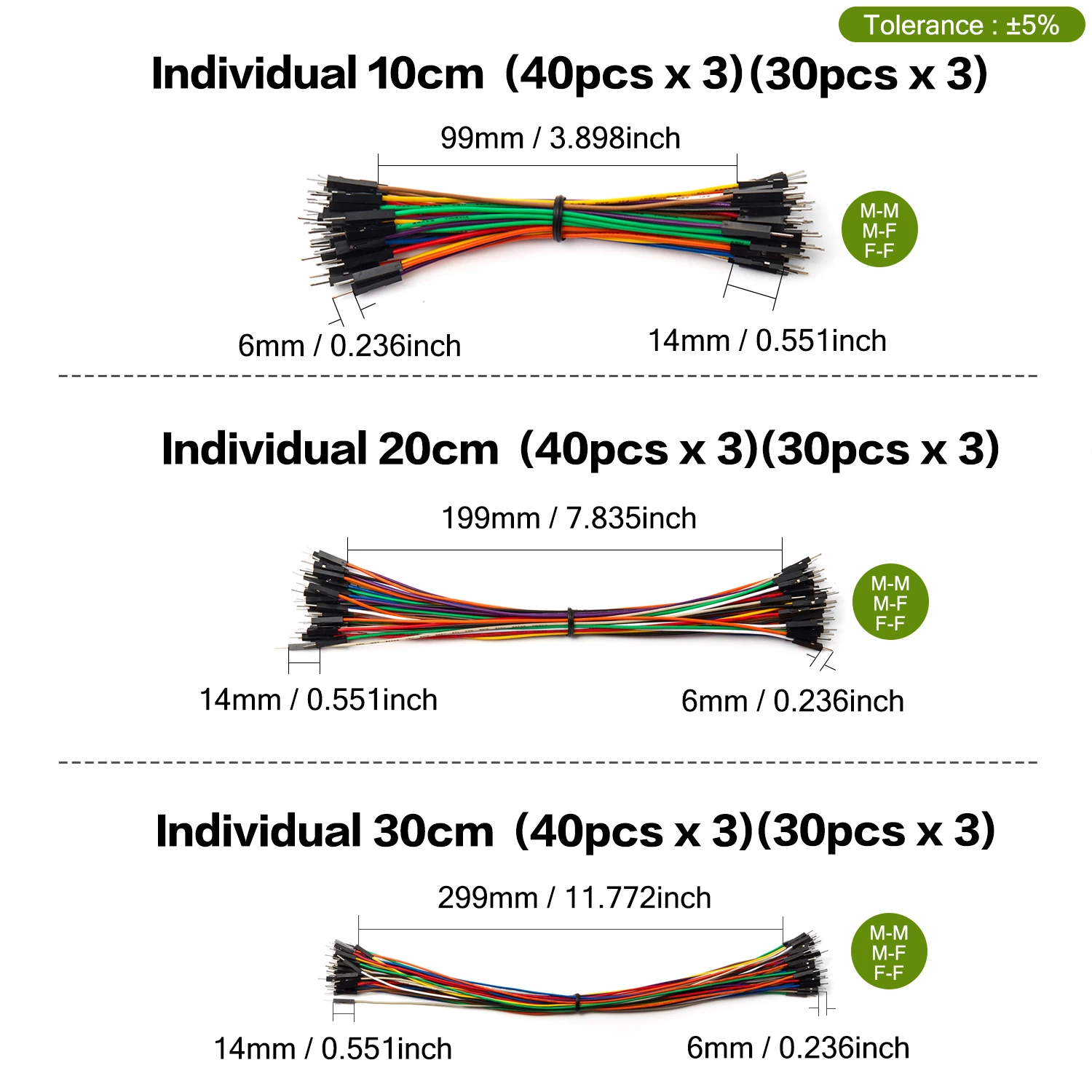 Dupont 케이블 리본 점퍼 와이어 키트, DIY 아두이노 브레드보드 PCB용, 남성 여성 24AWG 구리 라인 세트, 10cm, 20cm, 30cm