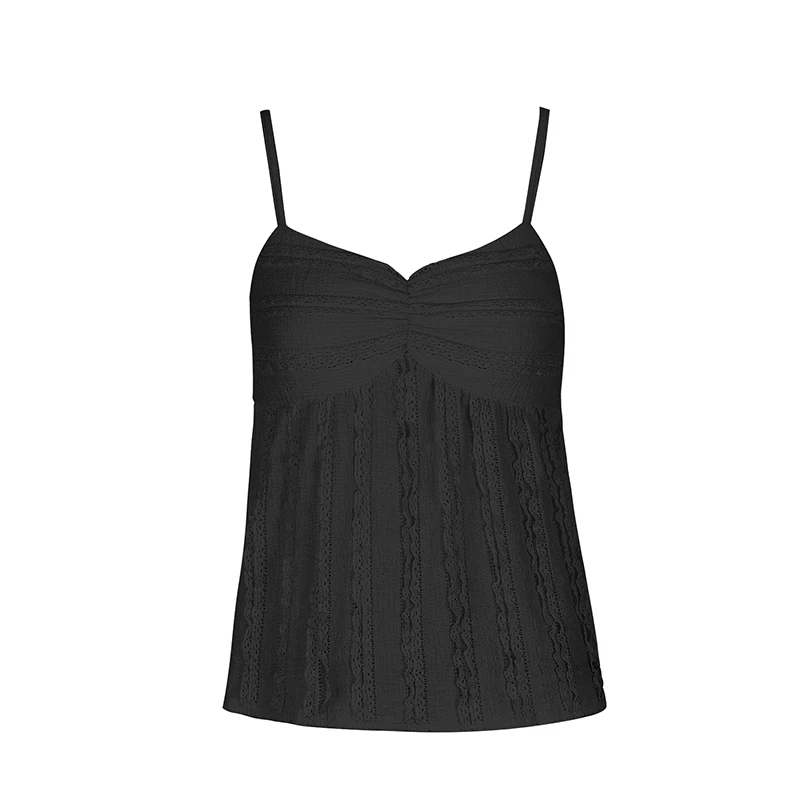 Blusa feminina preta regata de alça fina com busto franzido e tecido texturizado, estilo casual streetwear para o verão.