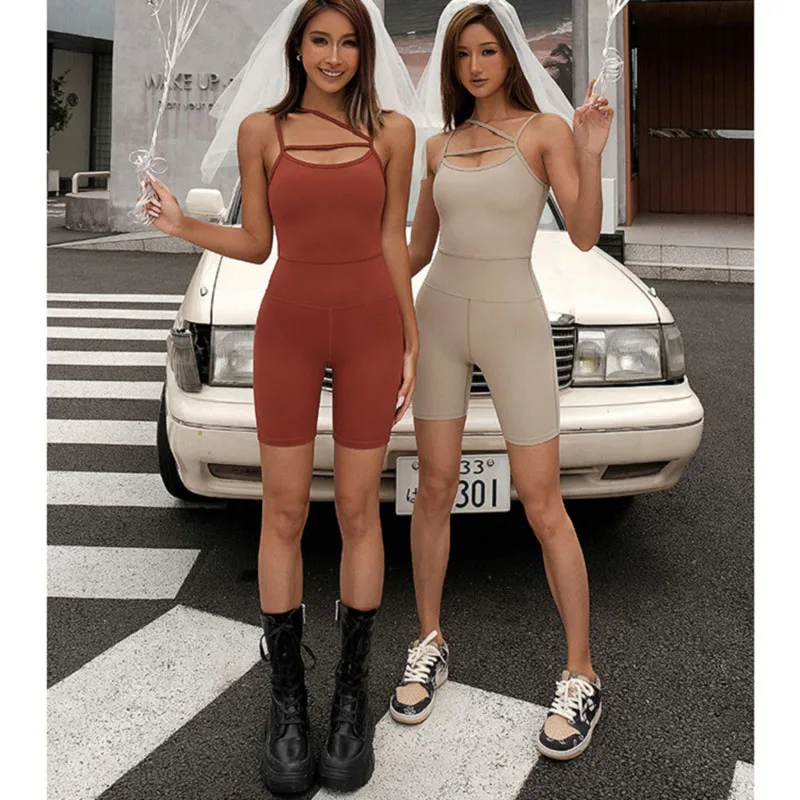 Seamless One-piece Gym Sets Women Sleeveless Gym Clothing Yoga Sets with Padded Short Leggings Sports Rompers Fitness Jumpsuits