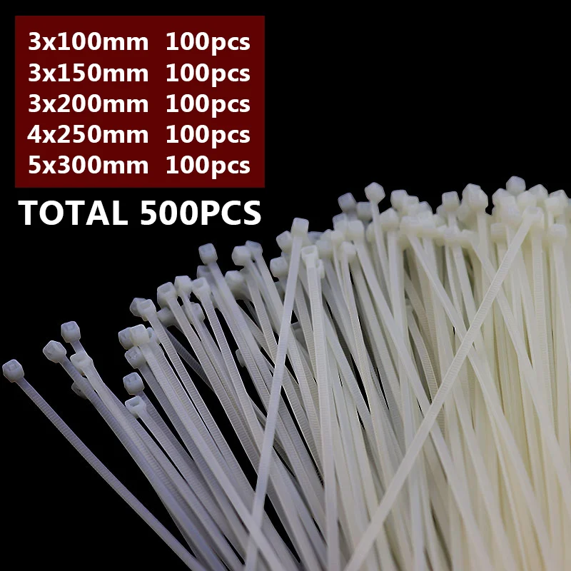 Cable Tie 500pcs Self-locking Plastic 100mm 150mm 200mm 250mm 300mm Nylon