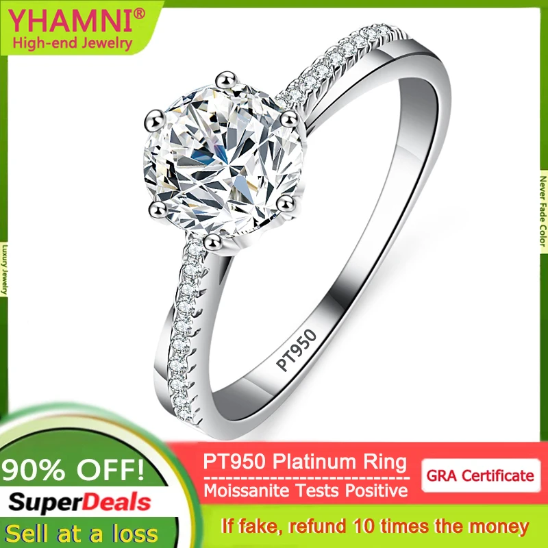 

YHAMNI Real PT950 Platinum Moissanite Ring Luxury 1 Carat Lab Diamond Rings for Women Wedding Band Fashion Fine Jewelry