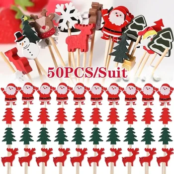 50Pcs/set Christmas Fruit Sticks Disposable Bamboo Sticks Snowflake Christmas Tree Elk Santa Claus Snowman Sticks Xmas Ornaments 1