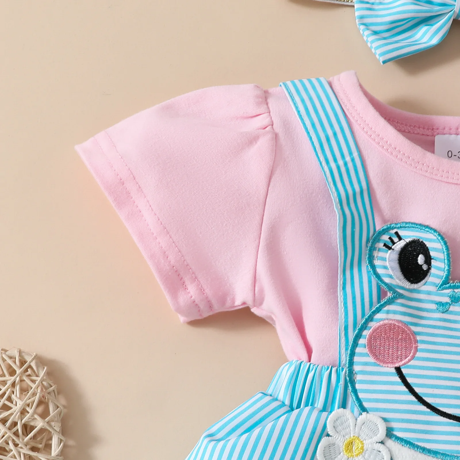 귀여운 개구리 반팔 더블 레이어 스커트 세트, 여아용 삼각형 턱받이 원피스, 활  크롤링 세트 포함, 여름