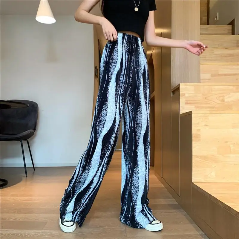 Chic New Dyed Wide Legged Women's 2024 Summer Splicing Fashion Folding Style Casual High Waist Loose Slim Straight Leg Pants