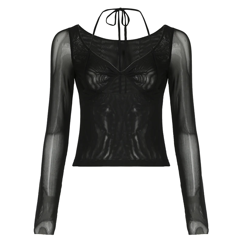 Stylish Cut Out Front Black Sexy Top for Women Mesh Long Sleeve V-neck Halter T-shirt Autumn Vintage Fitted Tees