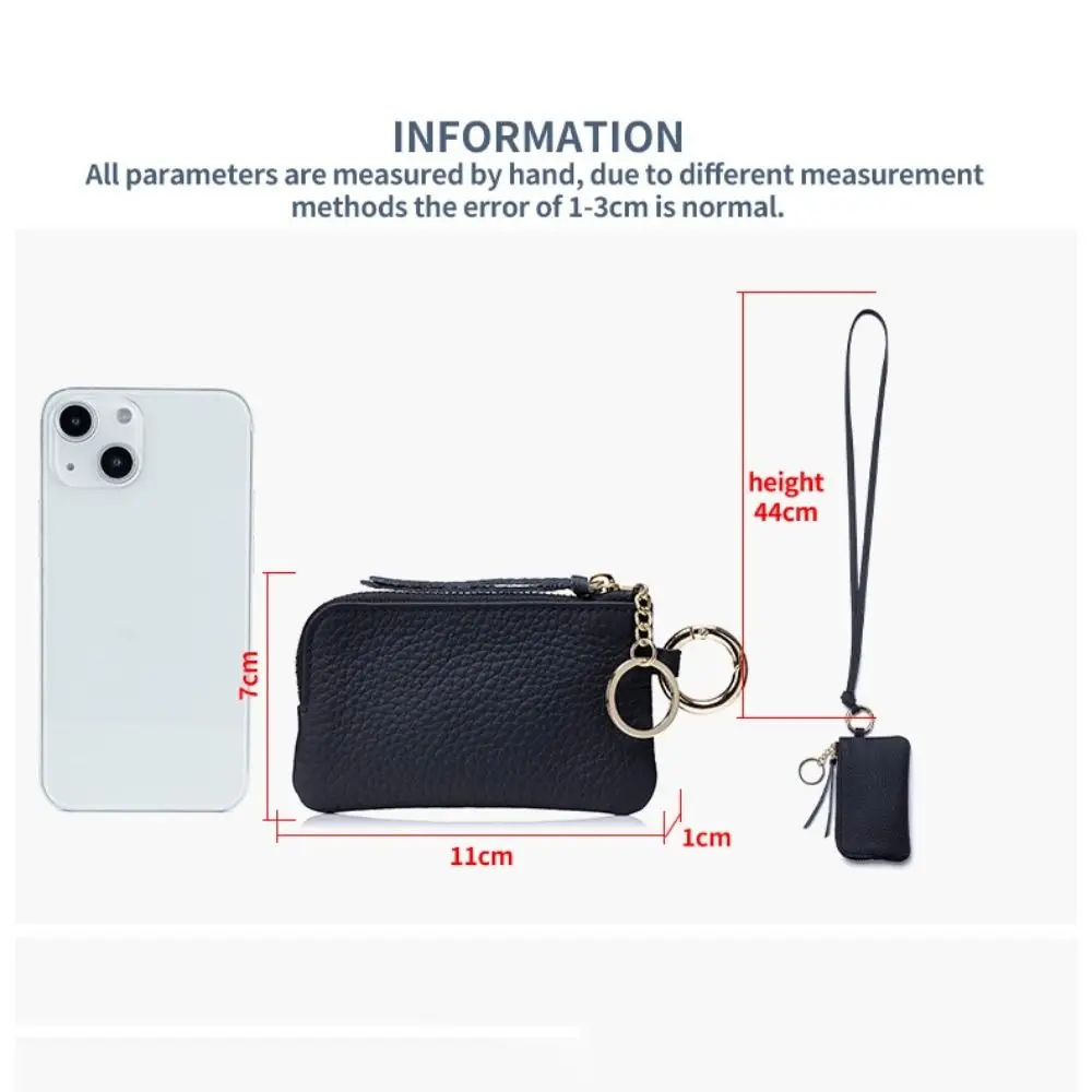 New Cowhide Short Wallet Solid Color Large Capacity Money Clip Lychee Pattern with Necklace Strap Coin Purse Women