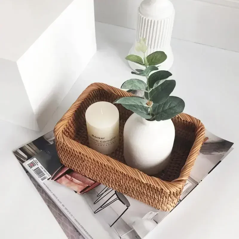 Handwoven Rectangular Rattan Wicker Basket Fruit Tea Snack Bread Picnic Cosmetic Storage Box Kitchen Supplies Household Tools 4