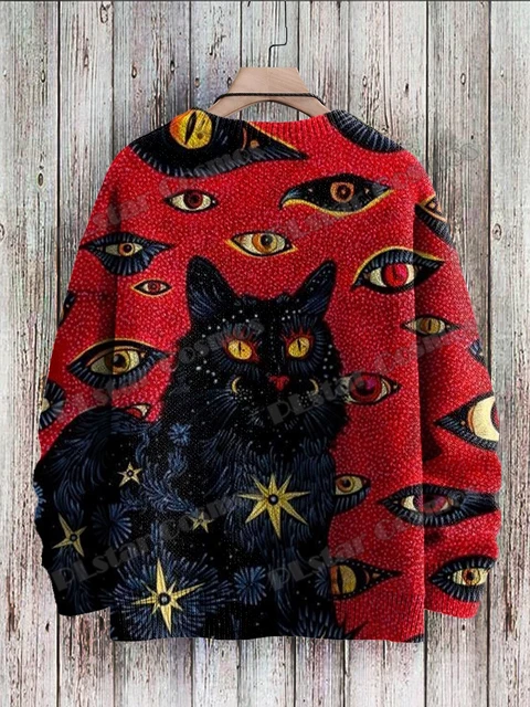 Pull Ras du Cou pour Homme Unisexe R tro Noir Yeux de Chat