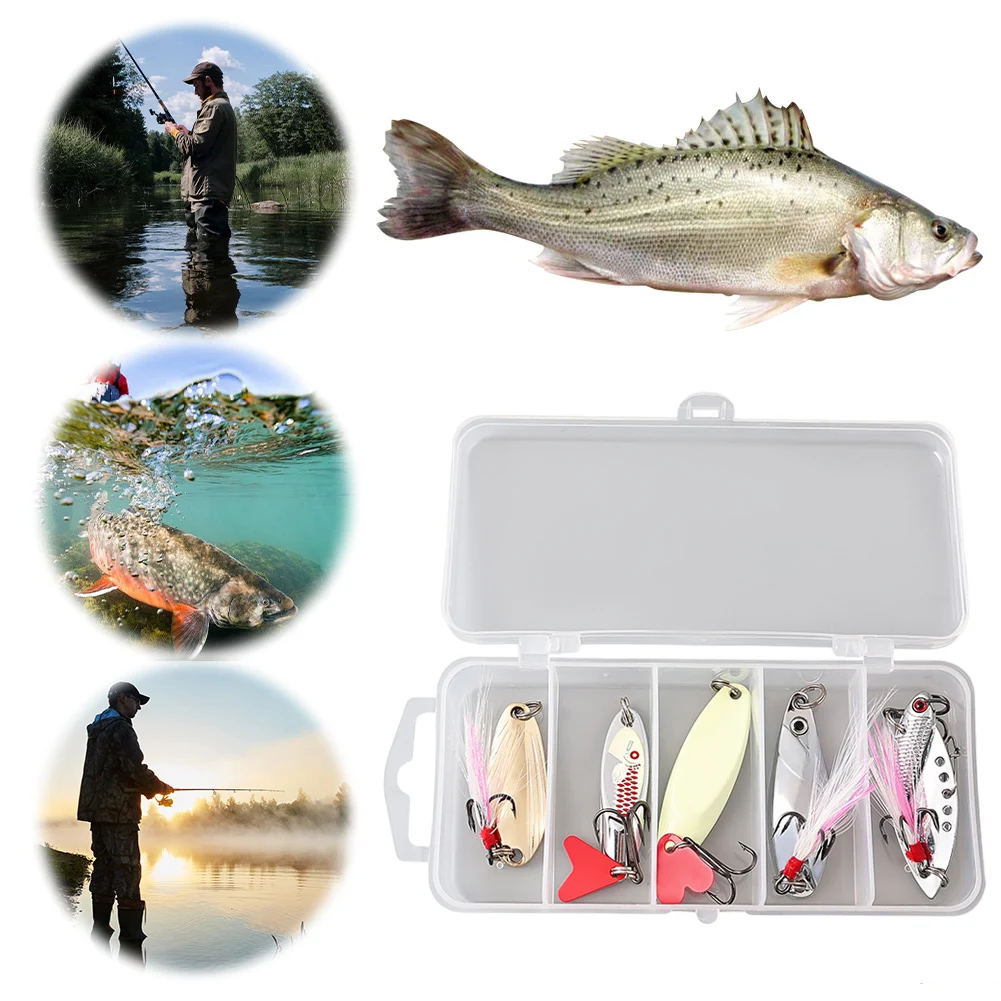 5pcs Metal Jig Spoon Spinner Fishing Lure Artificial Bait Hard Baits Sequins Spinner Lures with Box Treble Hooks for Fishing