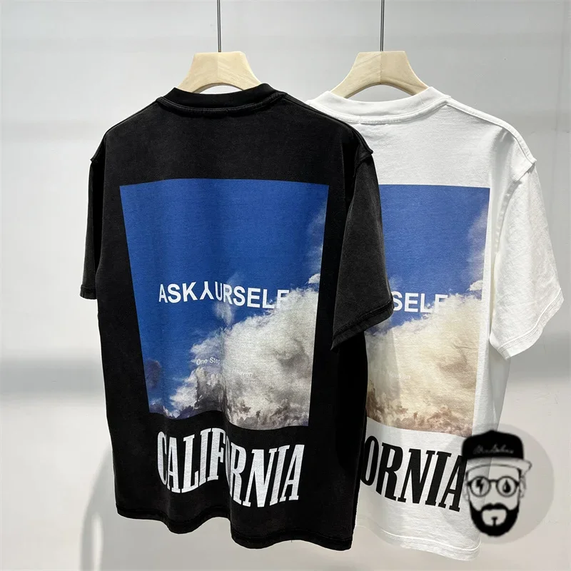 

Free Shipping ASKYURSELF Blue Sky and White Cloud Short sleeved T-shirt for Men's Summer Loose Cotton Oversize Half sleeved Top