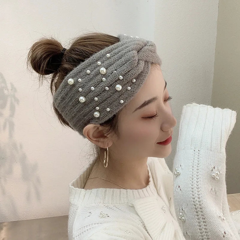 

Korea Fashion Pearl Knitted Wool Headband Solid Color Cross Wide Hairband Warm Autumn Winter Turban Head Wrap Hair Accessories