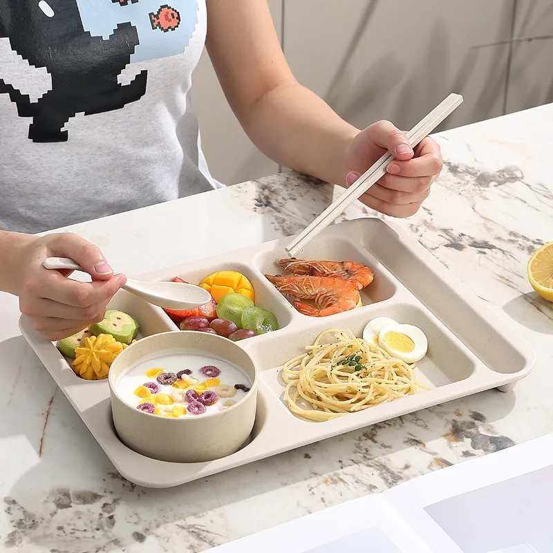 Wheat Straw Restaurant Dining Tray Split Plate Home Dining Tray Adult Fast Food School Hotel Large Capacity Five-grid