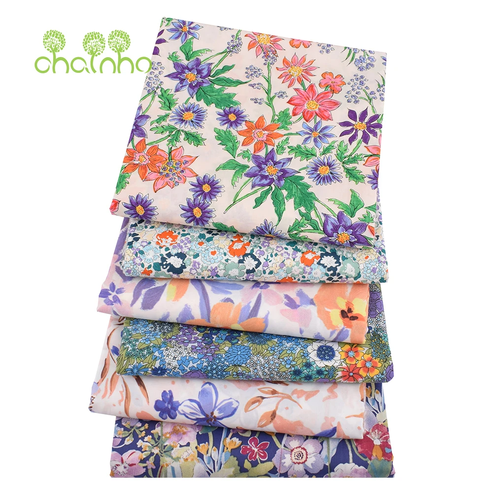 Chainho,Printed Plain Weave Poplin Cotton Fabric,DIY Quilting Sewing Material,Patchwork Cloth,Floral Series,3 Sizes,15PC39