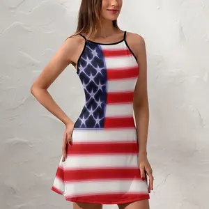 Neon American Flag  Women's Sling Dress Humor Graphic Suspender Dress Classic Sexy  Woman's Gown  Vacations