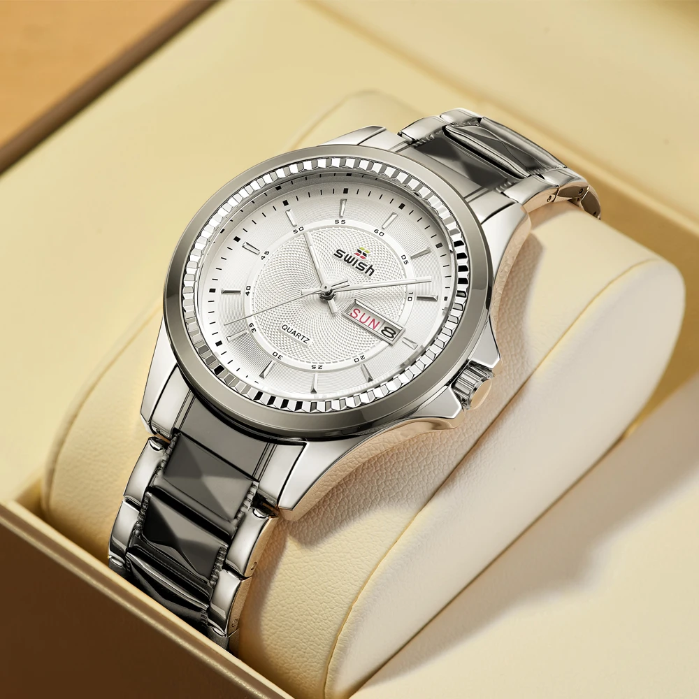 2022 SWISH Dress Watch for Men Luxury Waterproof Fashion Clock Weekday Date Polish Gold Japan Quartz Movement Reloj Hombre