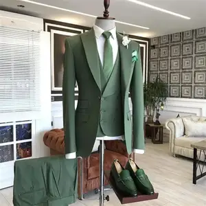 Green 3 Pcs Men's Suits Slim Fit Peaked Lapel  Groom Wedding Wear Tuxedos Formal Prom Suit Jacket Vest Pants