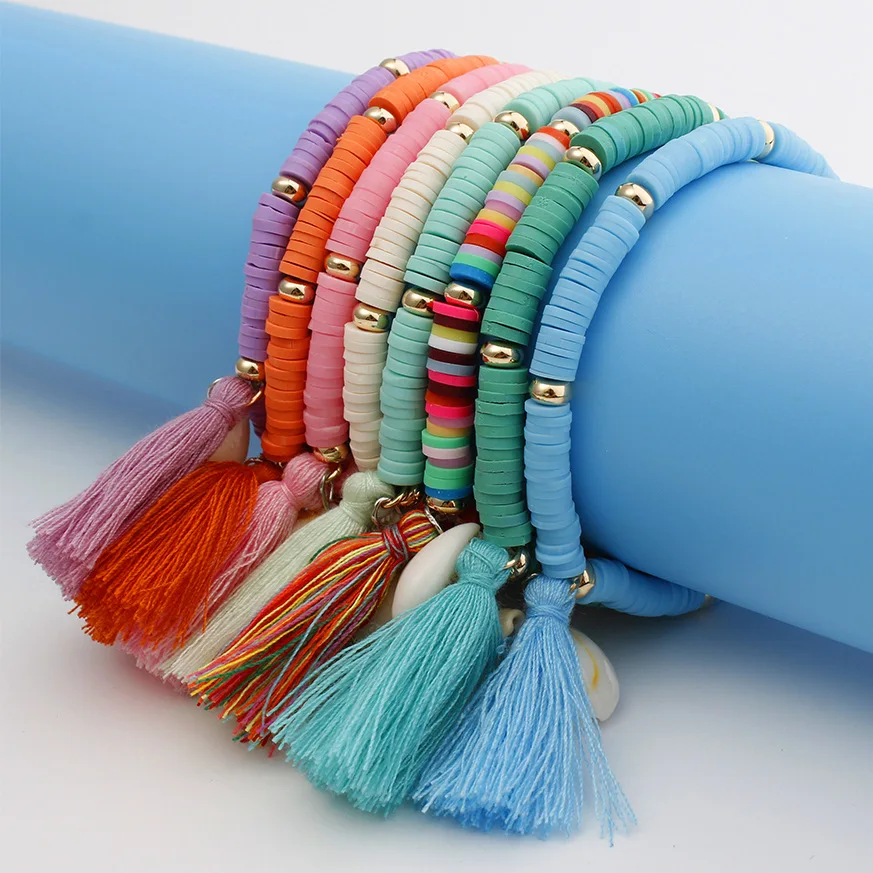 

Boho Shell Tassel Charm Elastic Bracelet For Women Polymer Clay Rainbow Stack Vinyl Disc Stackable Beaded Bangle Jewelry