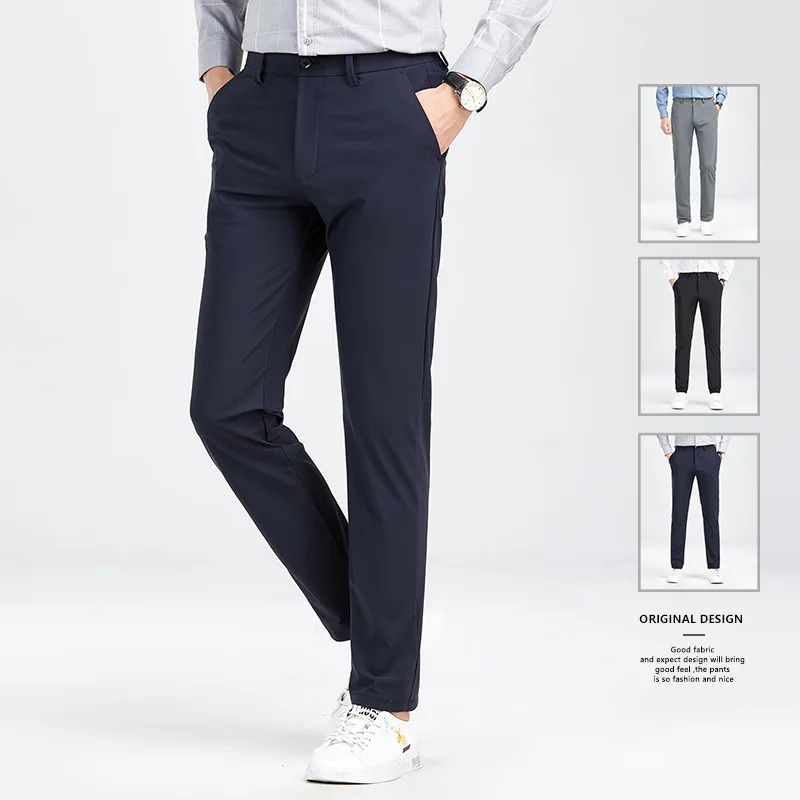 Summer Solid Color Zipper Button Suit Pant Man Fashion High Elasticity Straight Pants Ice Silk Fabric Smart Casual Clothing