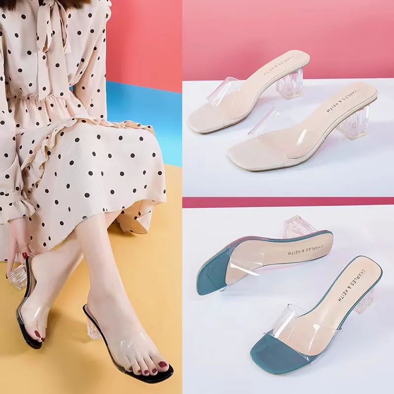 Comemore Crystal Clear Transparent Heel Slippers Female Middle Heels Comfortable Summer Women Fashion Mules Slides 42
