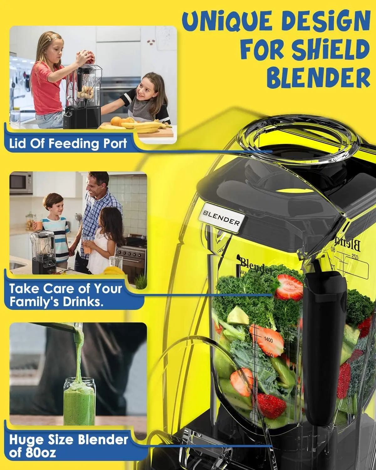 Commercial Blender with Soundproof Shield, 2200 Watt Professional Blenders for Kitchen with 80oz Jar and Self- 3