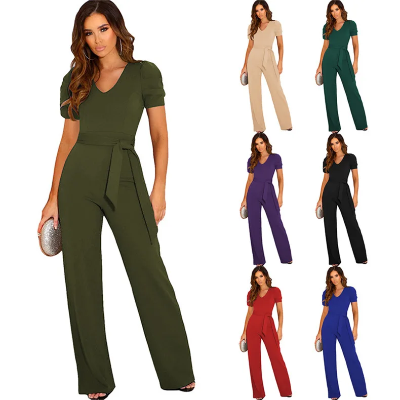 Summer New Temperament Waist Rompers Women's Solid Color V-neck Short-sleeved Wide-leg Pants