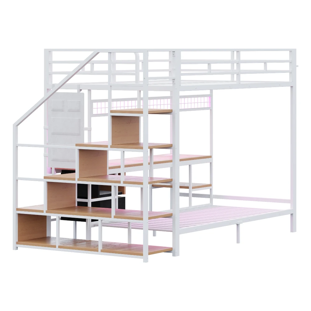 Metall-Etagenbett, Multifunktionsbett mit Schreibtisch, LED, Steckdosen, offenem Stauraum und Stoffschubladen, 140*200 cm und 90*200 cm – Detail 29