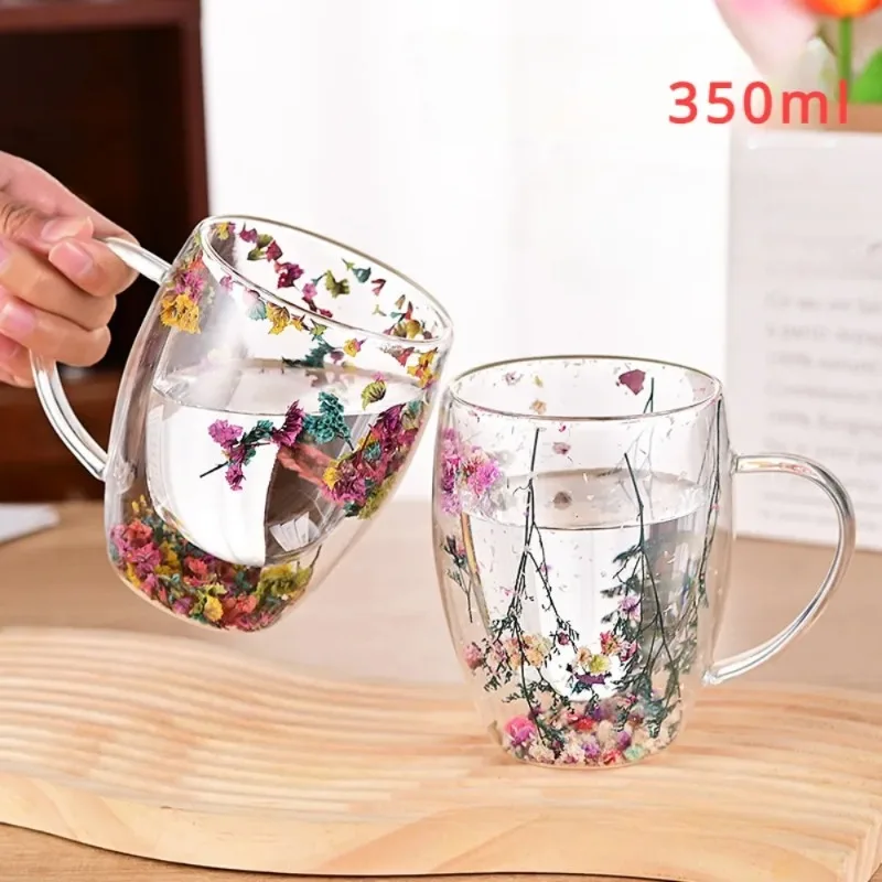 

350ml Double Walled Coffee Mug Clear Glass Cup Artificial Flower Pattern Heat Insulated Water Cup Reusable Handwash Glassware