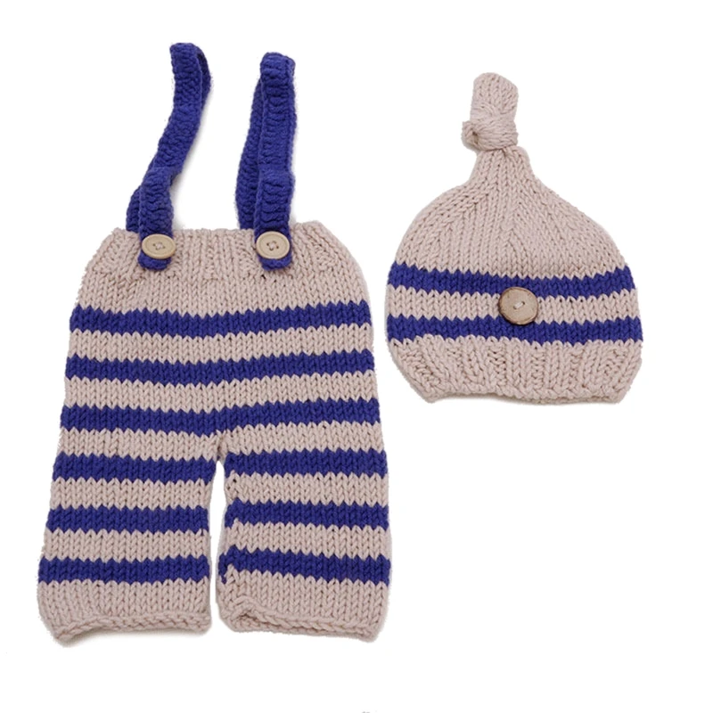 

Baby Photo Costume Knitted Pants and Hat 2pcs Sets Striped Outfits Clothes Newborn Girls Boys Photography Prop Crochet K