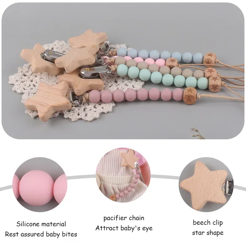 Wooden Personalized Baby Pacifier Leashes Cases Chain Silicone Bead Dummy Nipple Holder Guard Teether Pendant Newborn Gift Stuff
