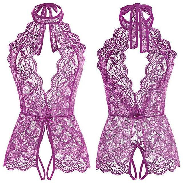 Sexy Open Crotch Lingerie For Women Lace See Through Teddy Bodysuit Erotic Costumes Female Deep V Underwear Baby Doll Dress