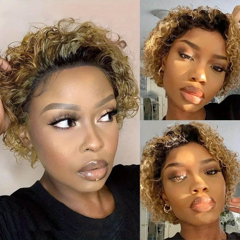 Short Curly Bob Wig Human Hair for Women T1B/99J Short Pixie cut Pre Plucked Natural Hairline Ombre Colored 13x1 Transparent Lac