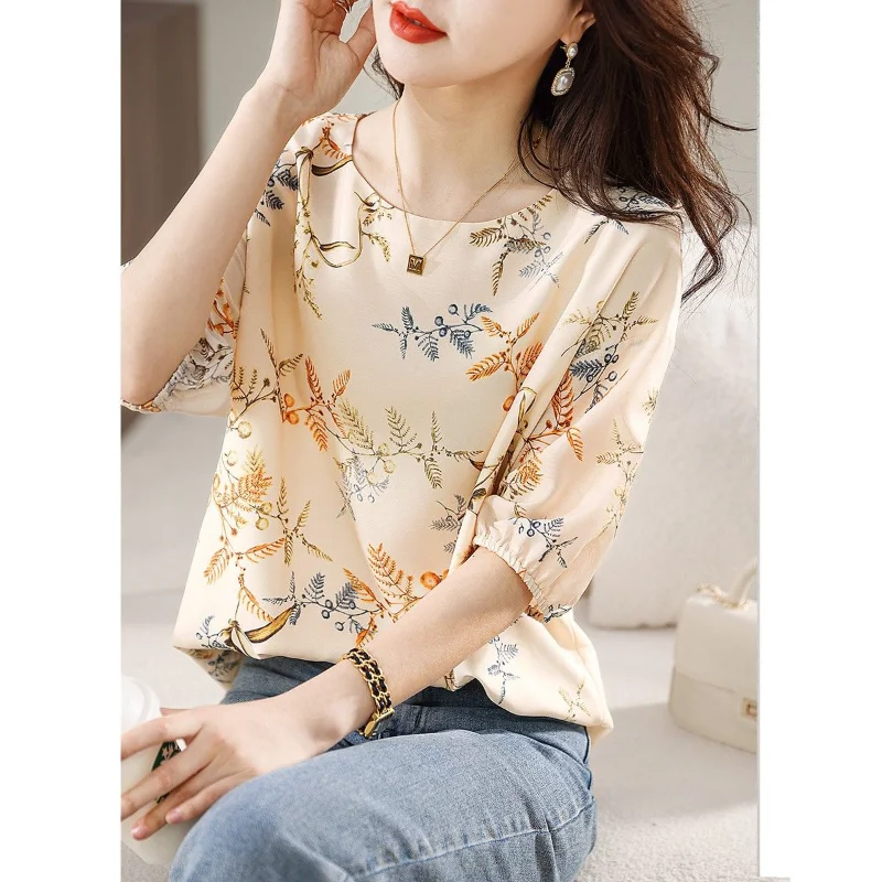 Vintage Fashion Printing Summer Blouse Women Classic Short Sleeve O-collar Temperament Chiffon All-match Pullover Lady Shirt