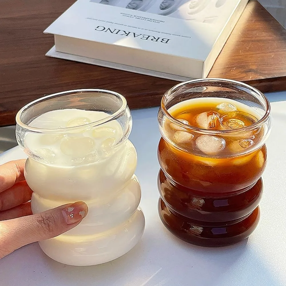 400/13 Oz Glass 1/4 Set Wave Bubble Drink Cup Iced American Coffee Cup BPA Free Reusable for Cocktail Whiskey Bar Party