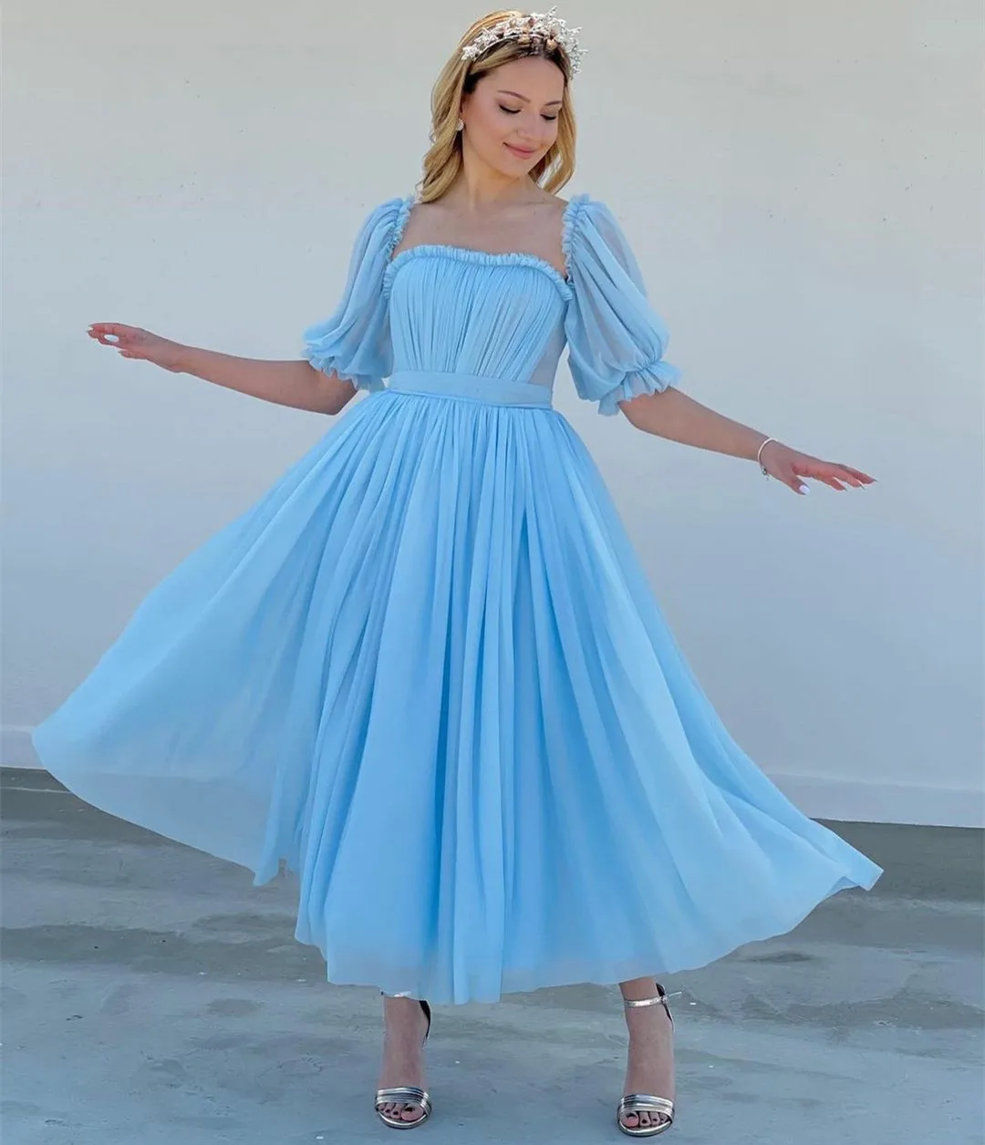 

Elegant Short Sleeve Tulle Evening Dresses A-Line Light Blue Pleated Tea Length فساتين السهرة Prom Gowns for Women