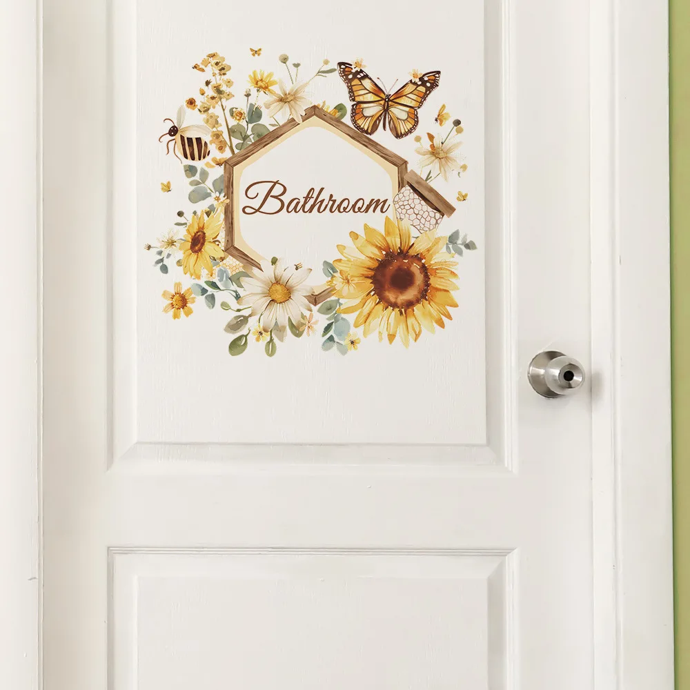 Toilet Letters Decal Waterproof Sunflower Butterfly Toilet Door Sticker Golden Letter Decal Bathroom Decoration Removable