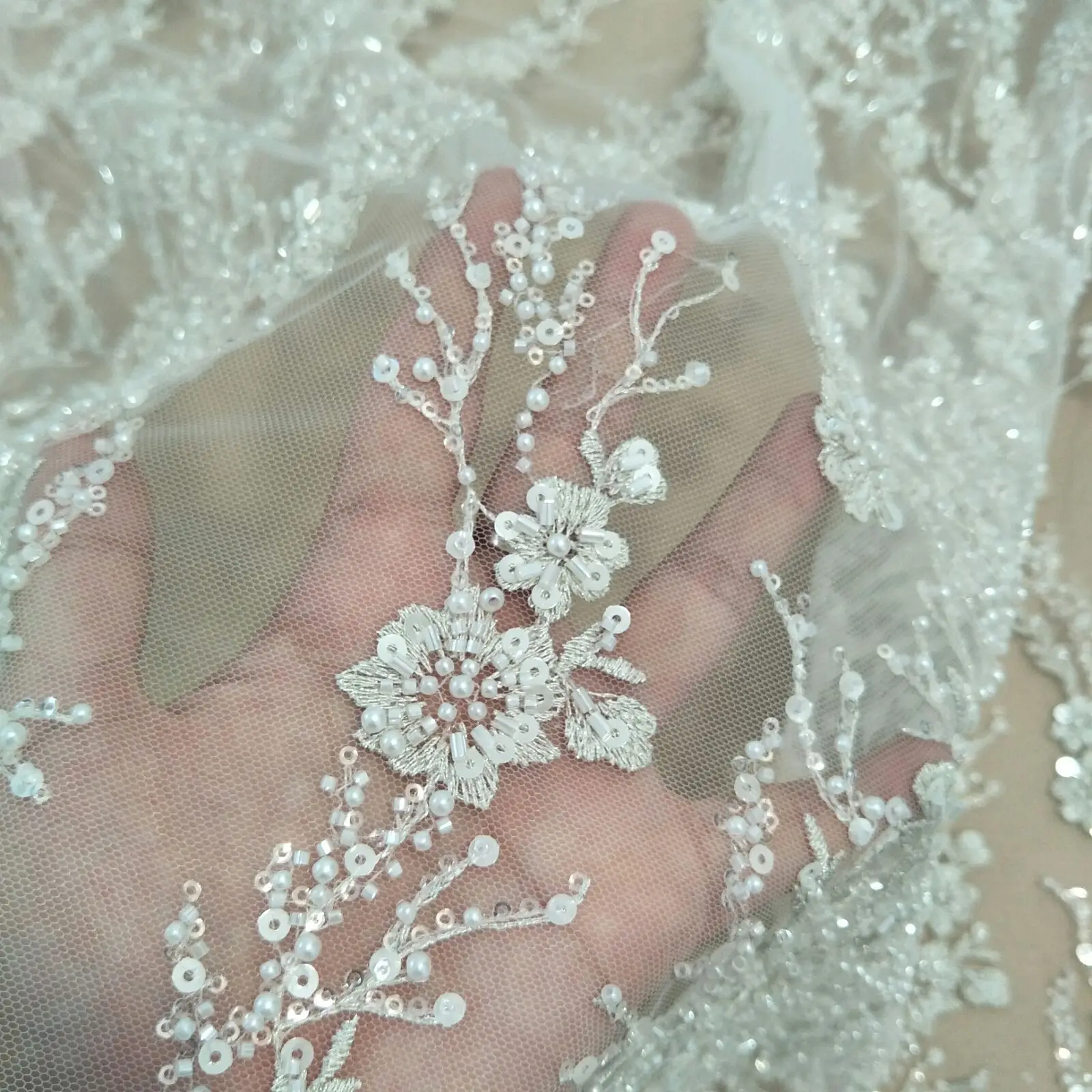 Off white Silver line Lace Fabric with beads and sequins for Wedding Dress DIY Children's Clothing Width 130cm lace fabric