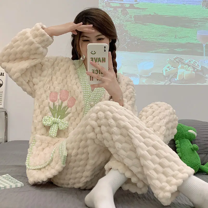 Pajamas Women Autumn Winter Coral Fleece Sweet Thermal Nightclothes Female Fleece-lined Thickened Flannel Casual Homewear Suit