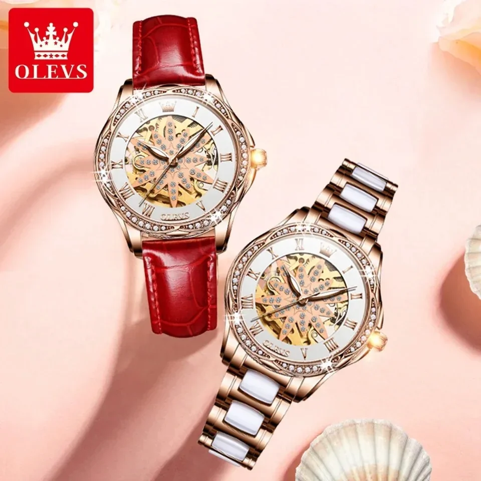 OLEVS Automatic Mechanical Watch for Women Skeleton Diamond Dial Ceramic Strap Waterproof Elegant Women's Wristwatch Reloj Mujer