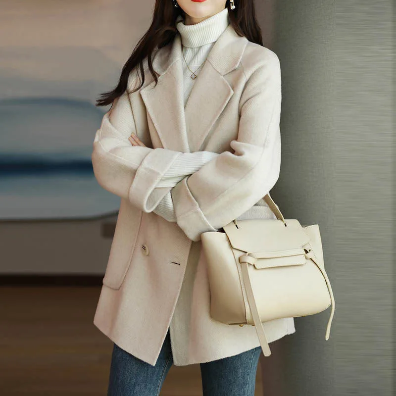 Korean Woolen Coat Women Elegant Autumn Winter Turn Down Collar Wool Blend Jacket All-Match Solid Colors Long Sleeve Outwear