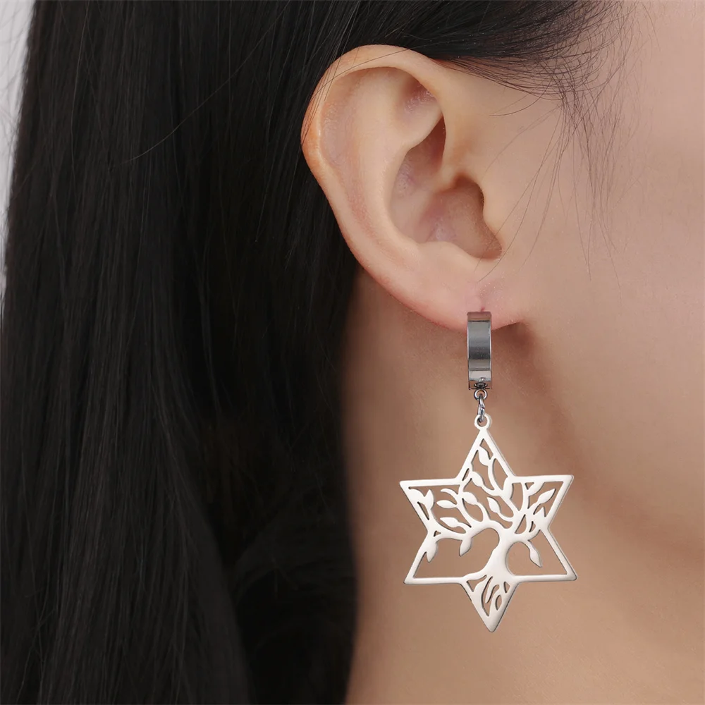 Baumelnde Ohrringe für Frauen und Mädchen, Edelstahl, Baum des Lebens, Anhänger, Davidstern, Ohrringe, Schmuck, Geschenk für Geburtstagsfeier – Detail 32