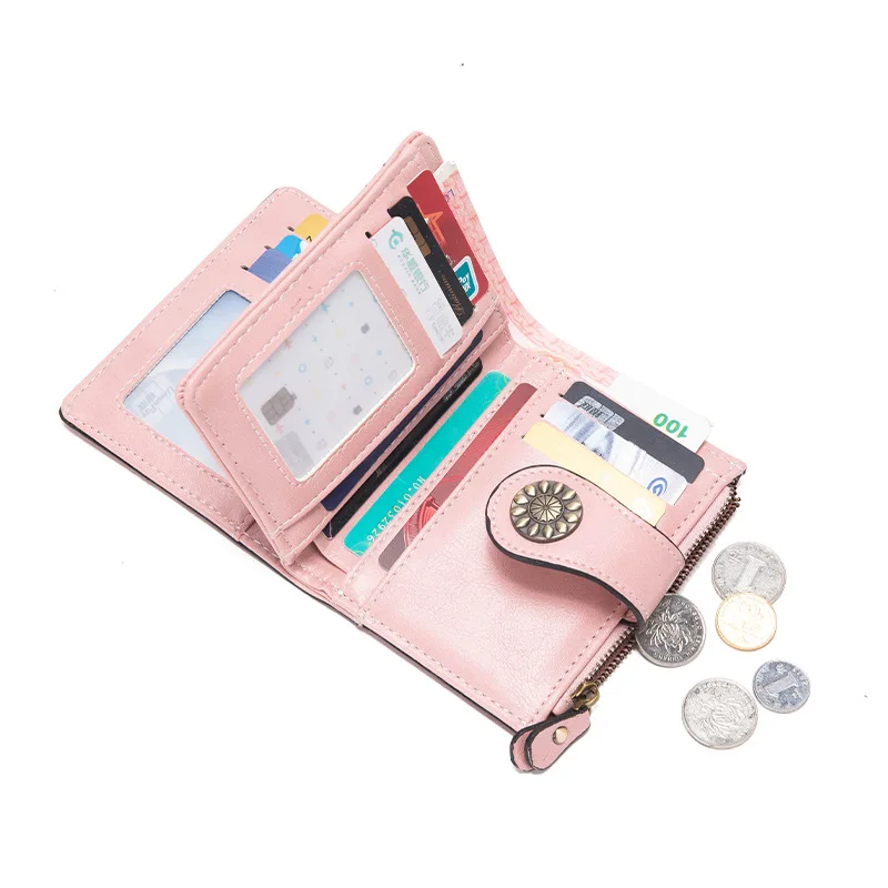 New Women's Wallet Short Mini Multi-Function Card Holder for Students RFID Blocking Leather Small Purse