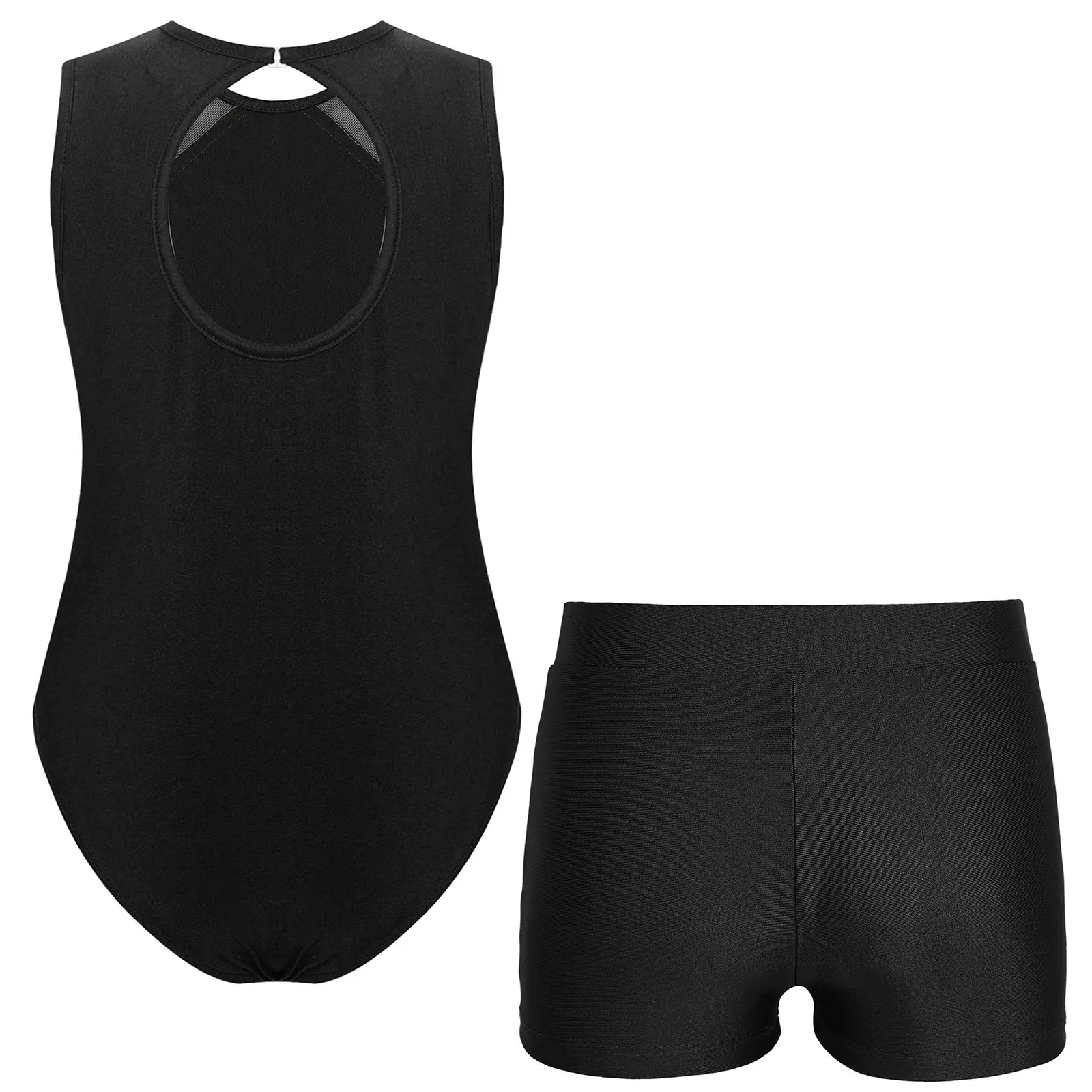 Girls Dance Costumes Kids Girls Rhinestones Gymnastics Ballet Leotard Keyhole Back Unitards Sleeveless Bodysuit with Shorts Figure Skating Dance