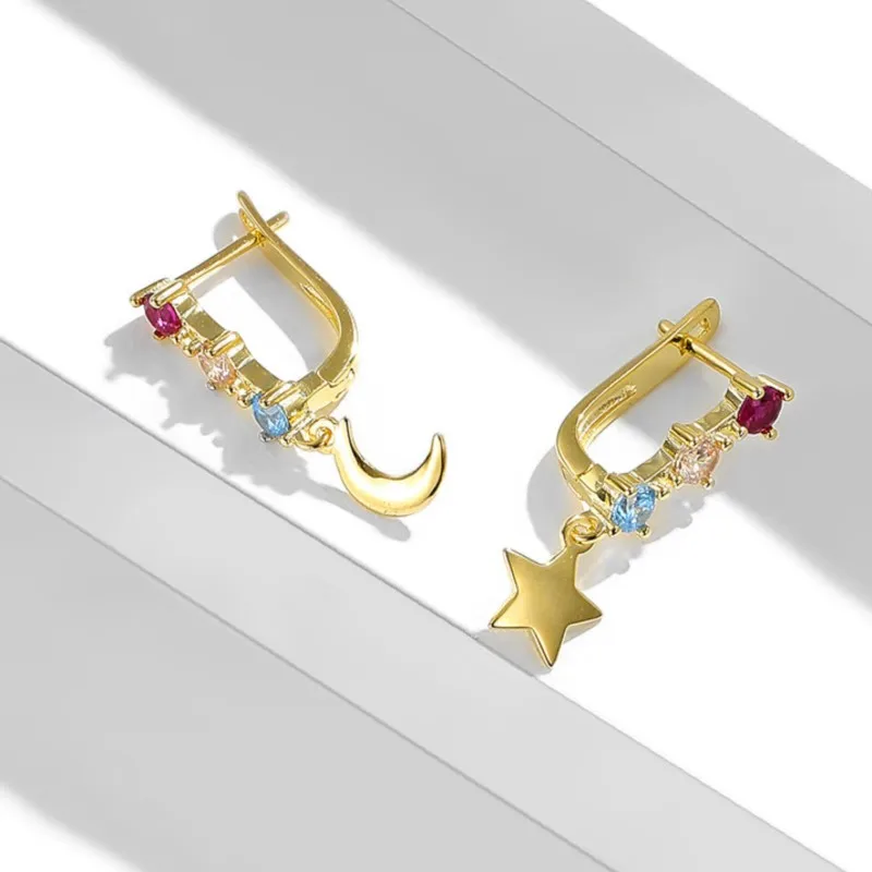 14K Gold Color CZ Asymmetry Star&Moon Hoop Earrings for Women Fashion Boho Huggies Jewelry Gift Pulseras Mujer