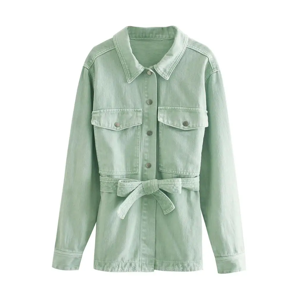 

Women Green Denim Coat Loose Oversize Jackets 2023 Turn-down Collar Indie Y2k Button Free Belt Korean Casual Solid Color Jacket