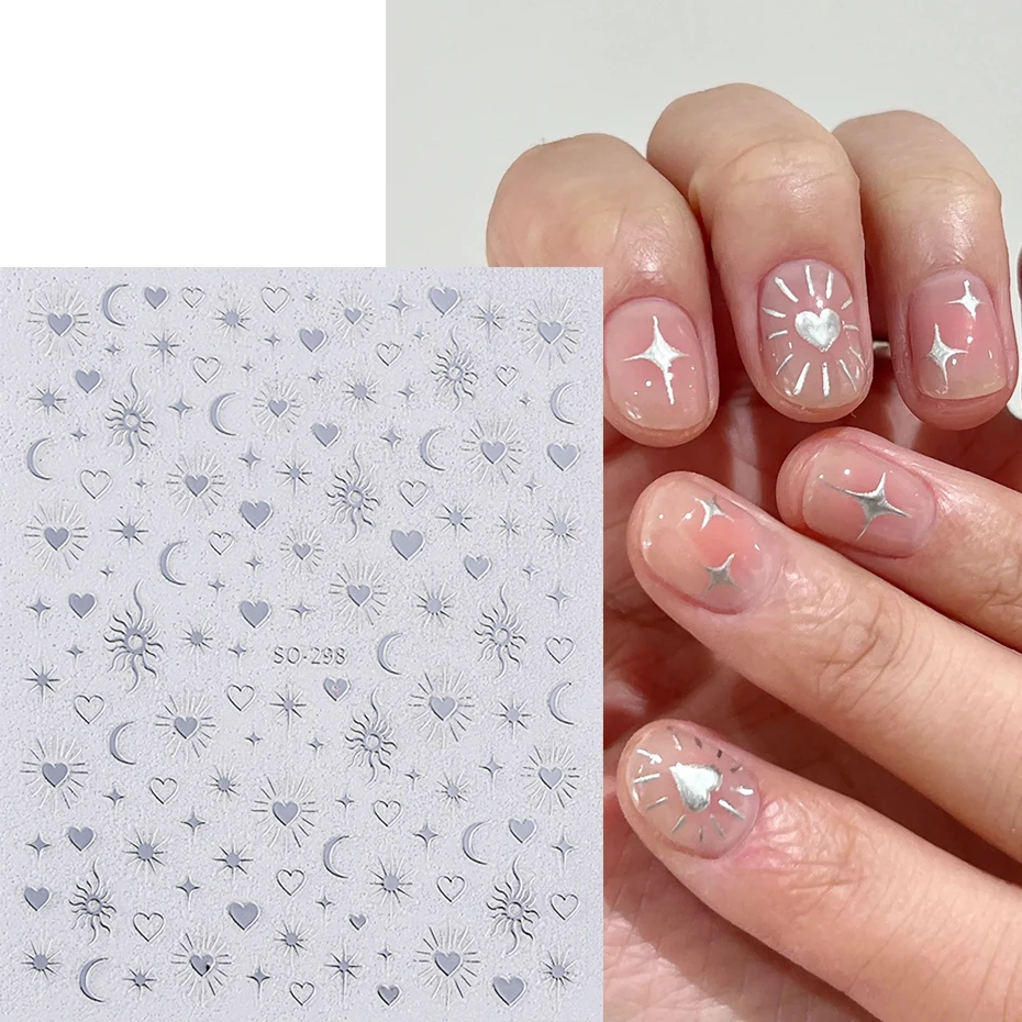 6pcs Gold Silver Laser Star Moon Nail Sticker Y2K Metal Love Heart Self-adhesive Nail Decals Bohemian Manicure Decoration Slider