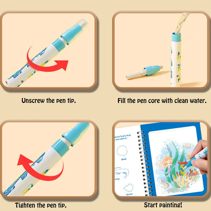 Reusable Water Drawing Magic Book-Kids Water Reveal Painting Kit with Stickers, 2-in-1 Fun Coloring and Sticker Play