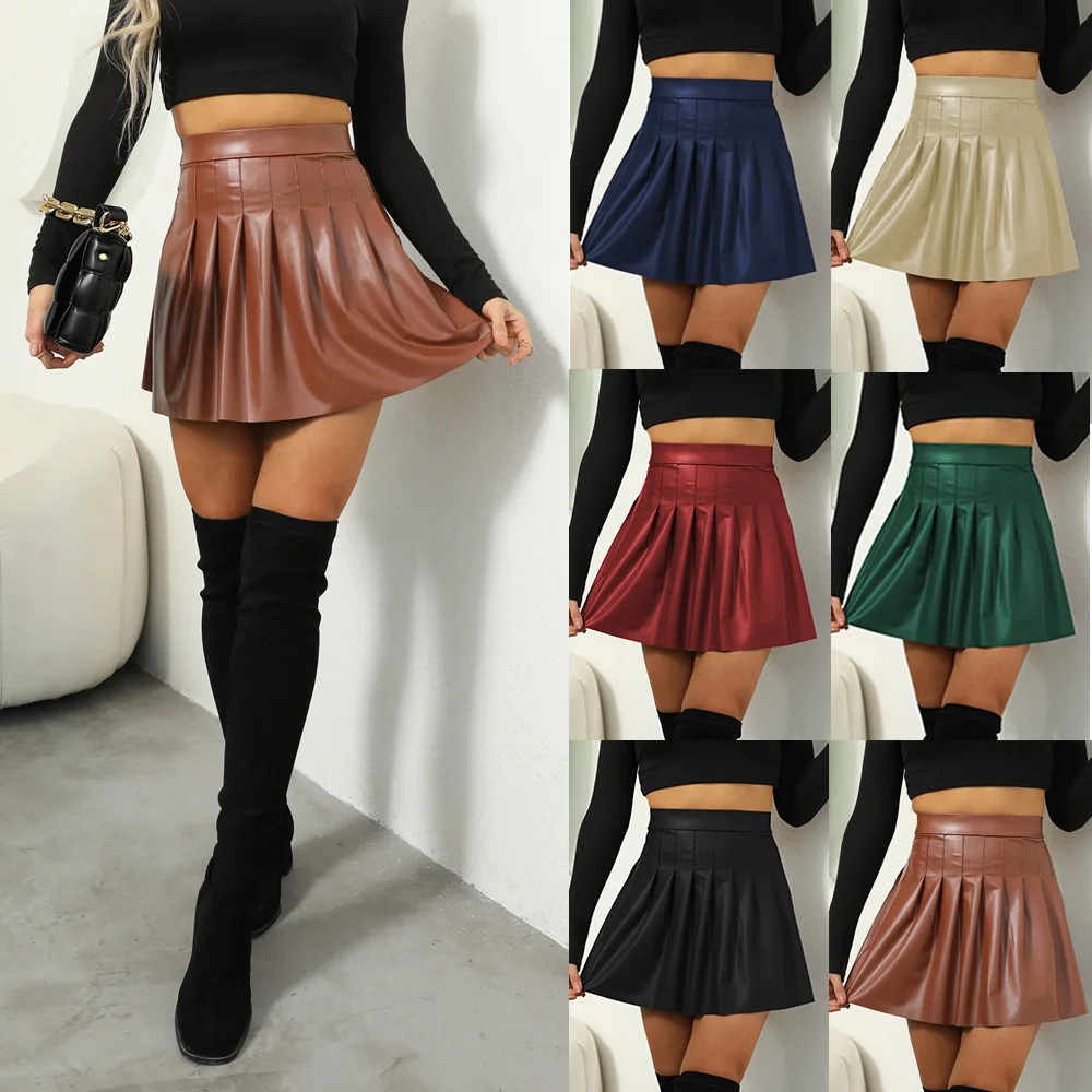 Faux PU Leather High Waist Elastic Skirt for Women